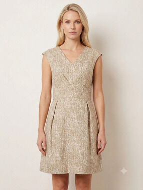 MICHAEL KORS COLLECTION‎ Linen A-Line Dress 6 Beige Tan V-Neck Cap Sleeve Italy